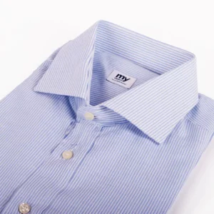 Camicia su misura tessuto lino-cotone micro rigato azzurro