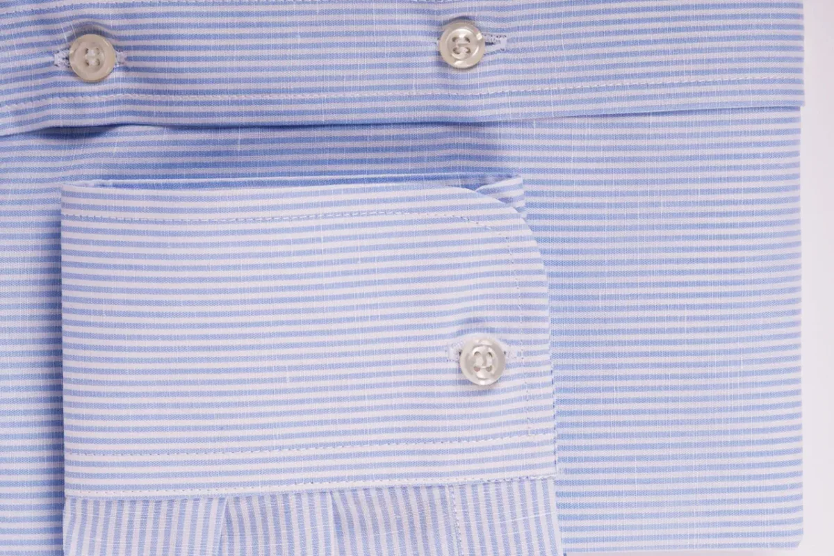 Camicia su misura tessuto lino-cotone micro rigato azzurro
