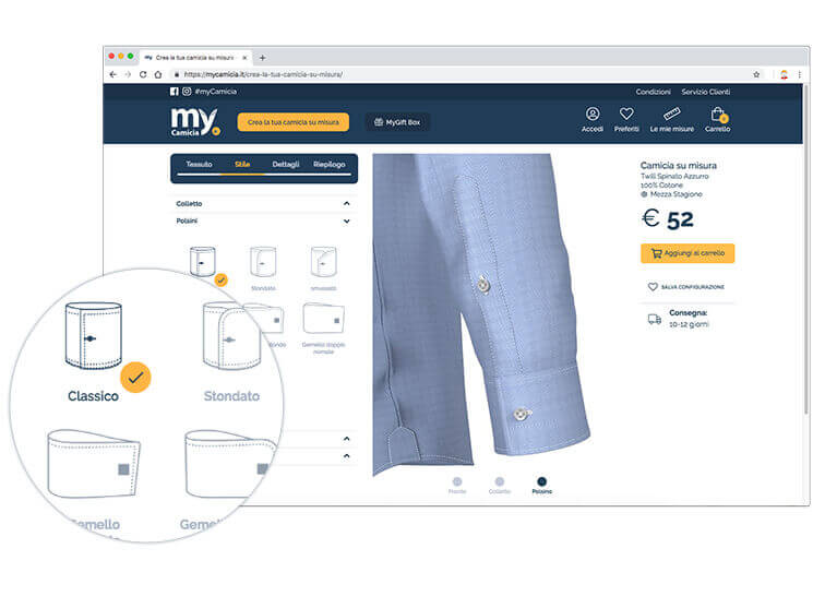 Configura la camicia, scegliendo diverse opzioni tra cui colletto, polsini, maniche, taglio, ecc.