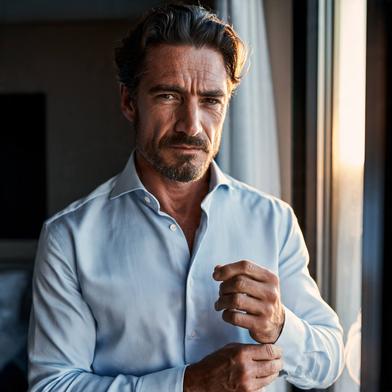 Uomo che indossa una camicia su misura azzurra dalla vestibilità perfetta mentre sistema il polsino