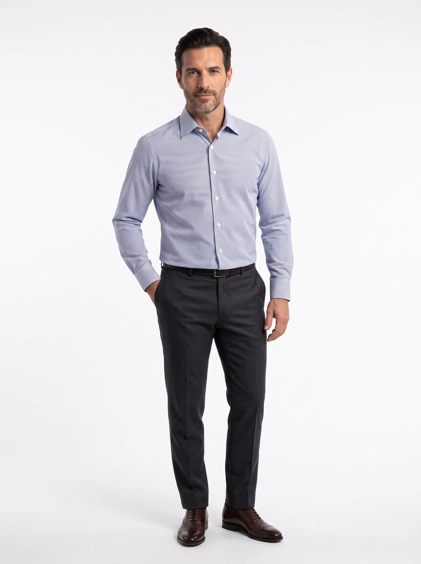 Camicia su misura tessuto Popeline Rigato Cobalto No Iron