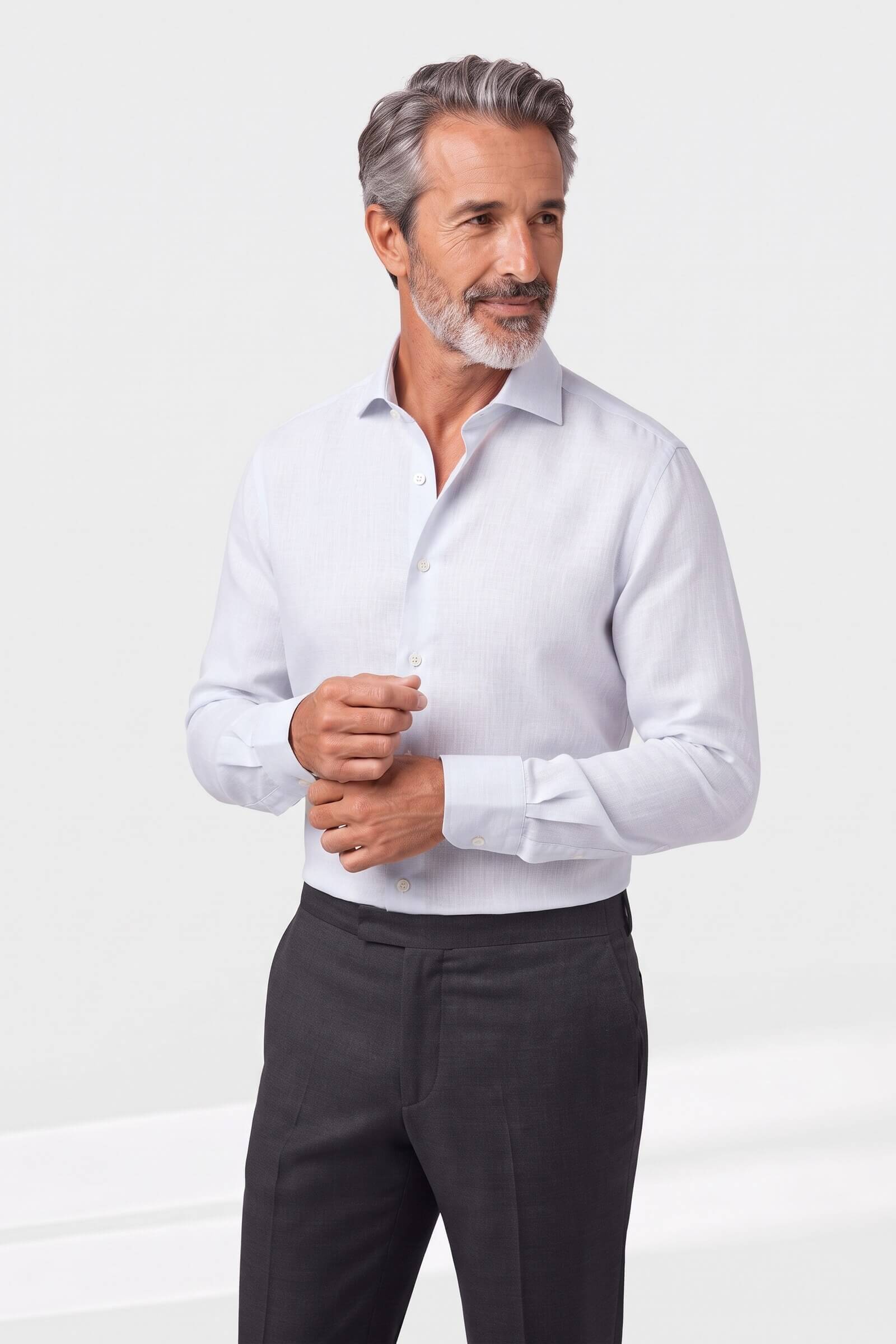 Camicia su misura Lino Bianco indossata, vista di tre quarti