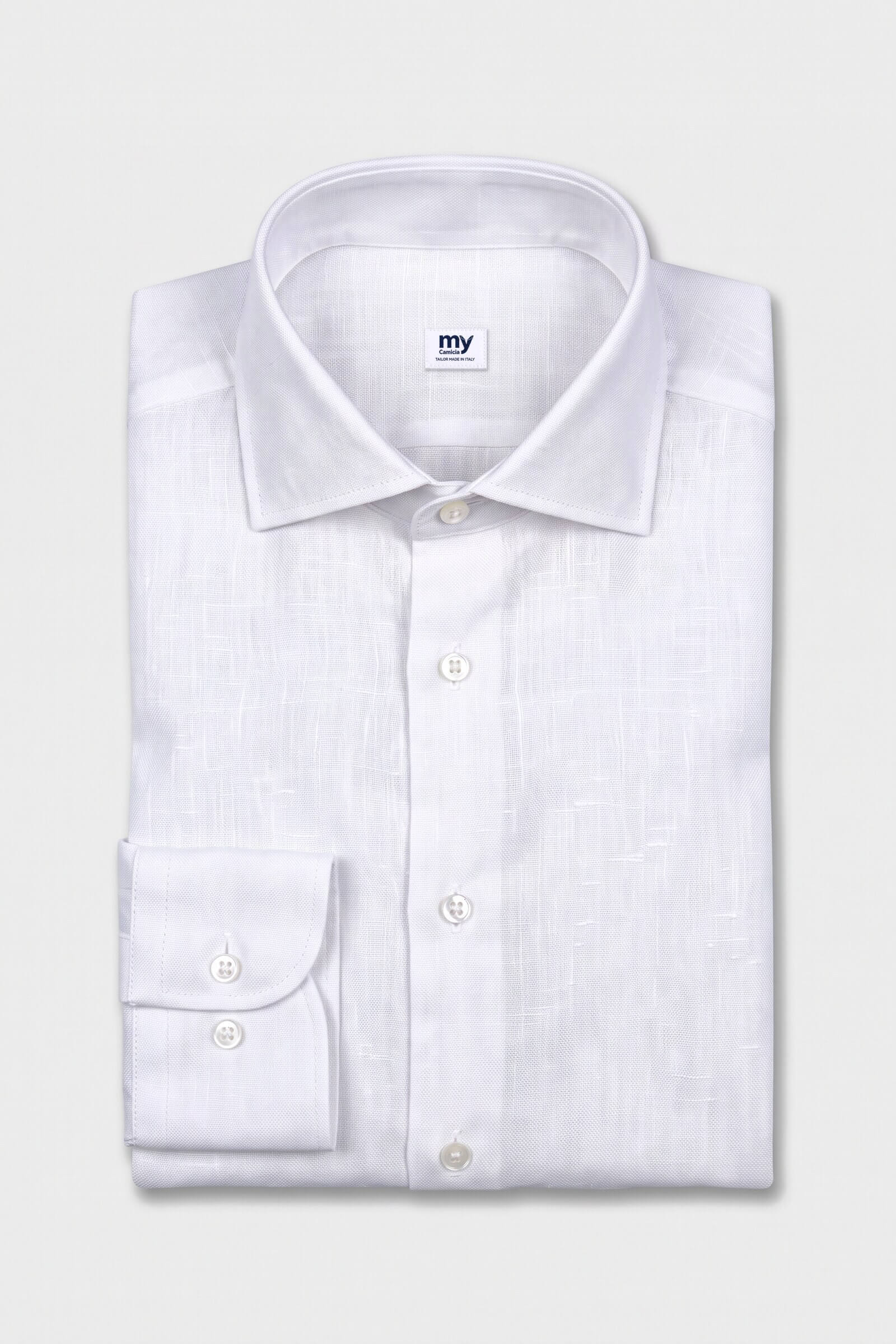 Camicia su misura Lino Bianco piegata con etichetta MyCamicia