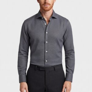 Camicia su misura Lino Grigio Perlato indossata, vista frontale