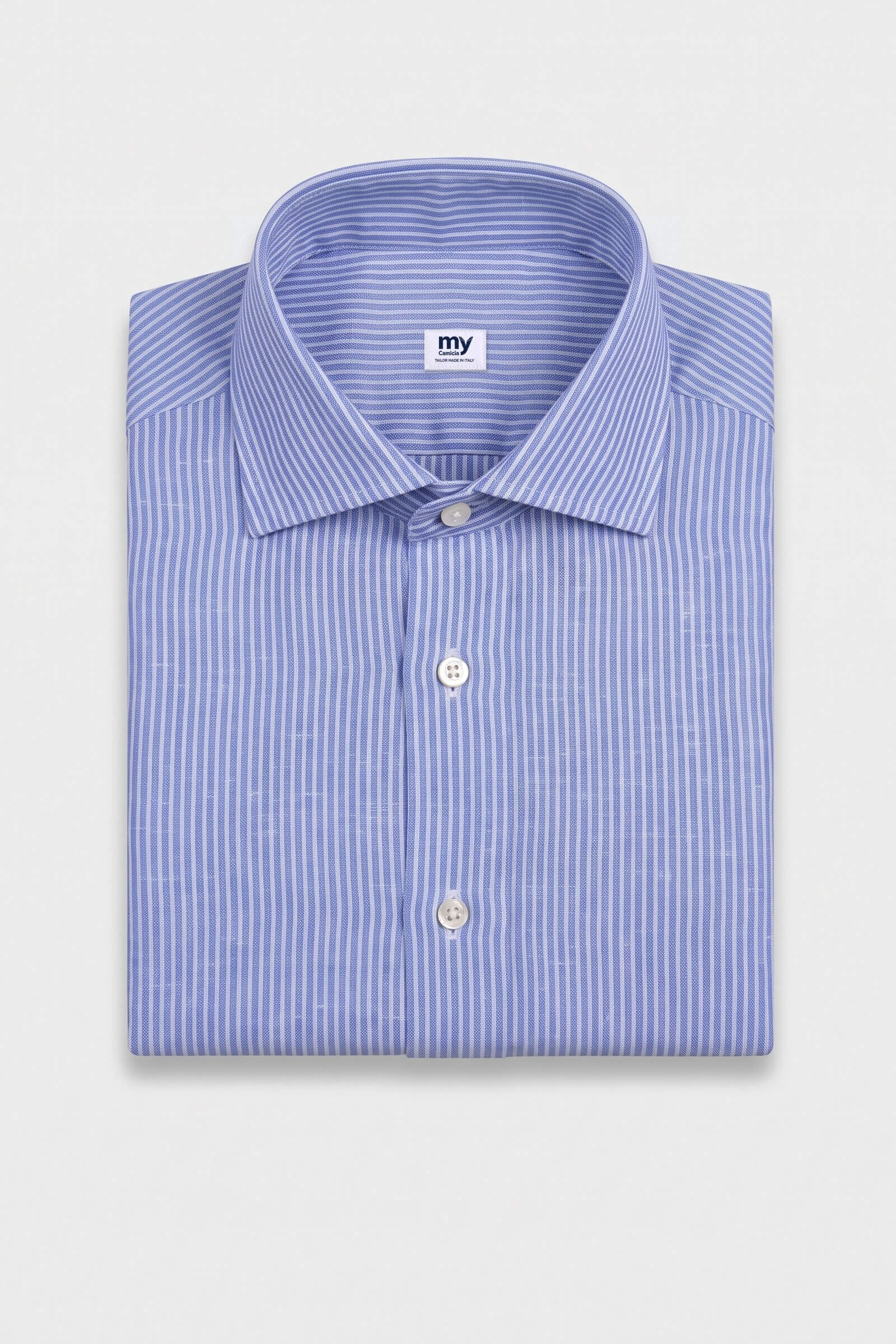 Camicia su misura Lino Micro Rigato Azzurro piegata con etichetta MyCamicia