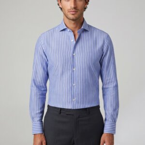 Camicia su misura Lino Rigato Mare Invernale indossata, vista frontale