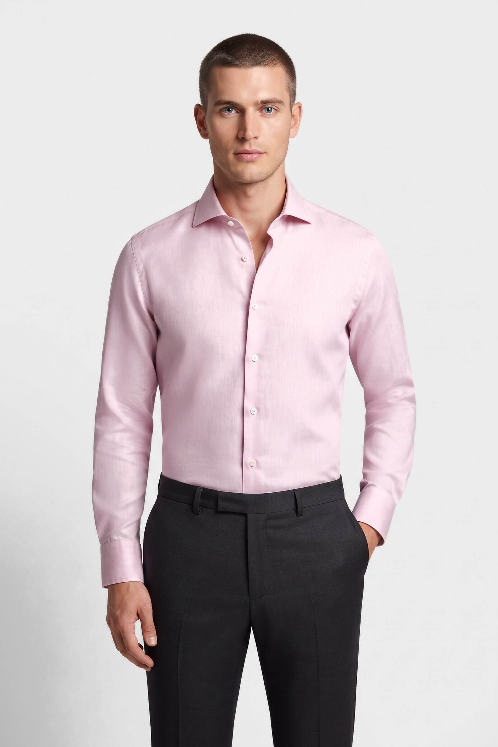 Camicia su misura Lino rosa chiaro indossata, vista frontale