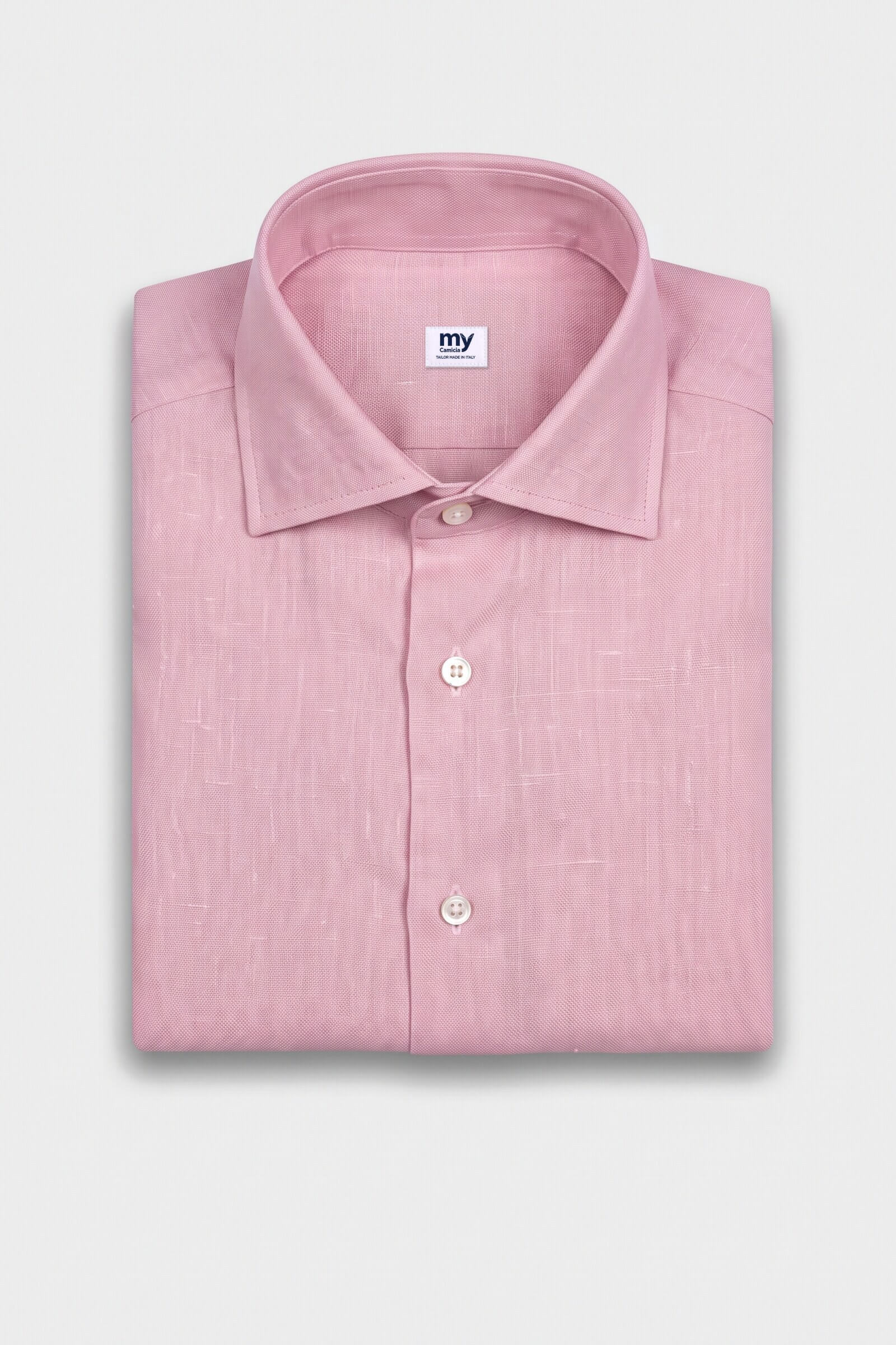 Camicia su misura Lino rosa chiaro piegata con etichetta MyCamicia