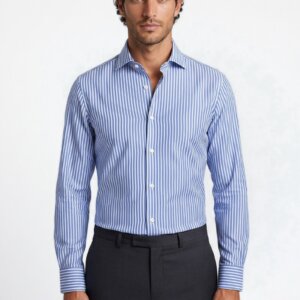 Camicia su misura Oxford Rigato Blu Reale indossata, vista frontale