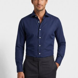 Camicia su misura Popeline Blu Notte No Iron indossata, vista frontale