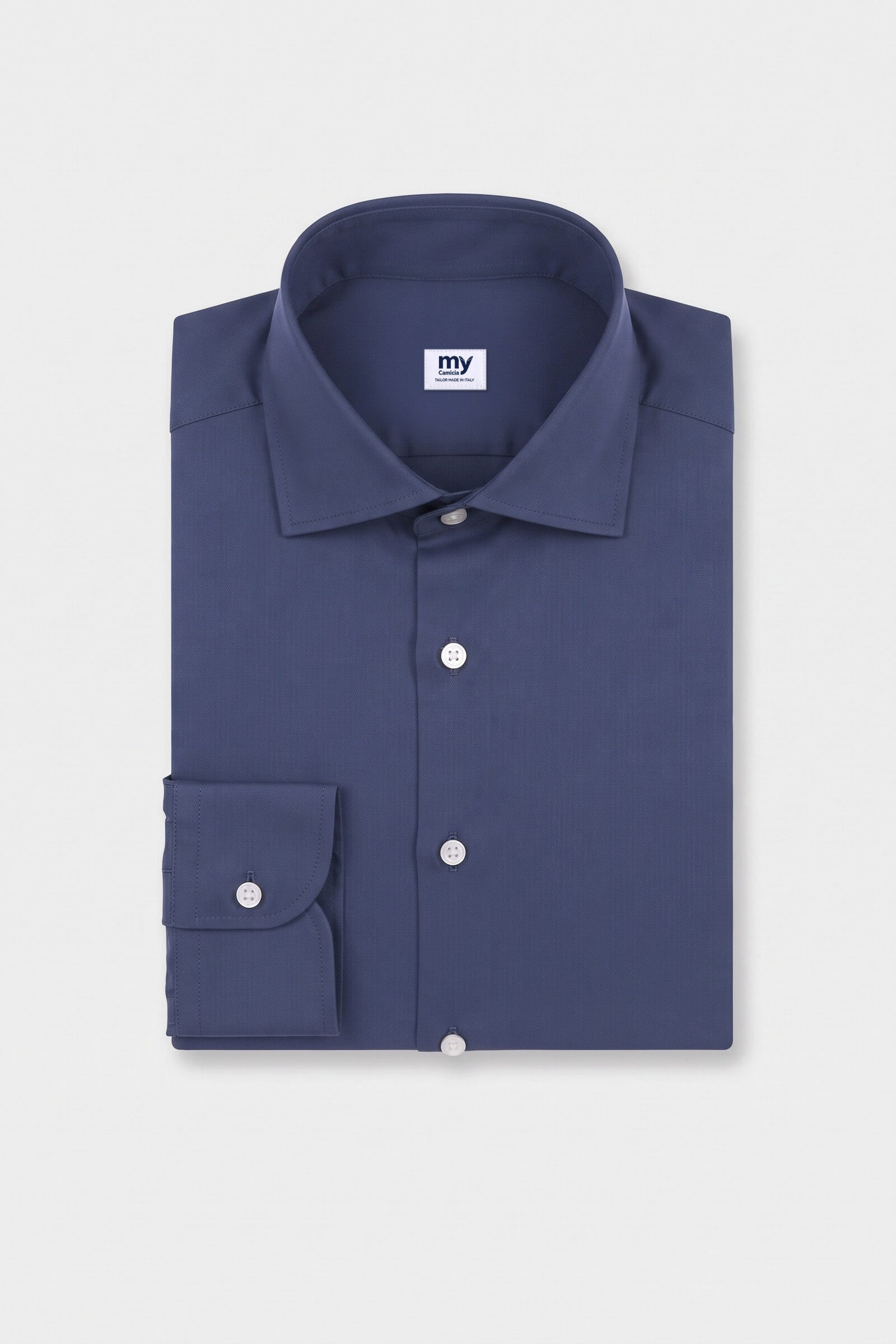 Camicia su misura Popeline Blu Notte Perlato piegata con etichetta MyCamicia