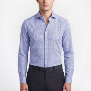 Camicia su misura Popeline Micro Quadro Blu indossata, vista frontale
