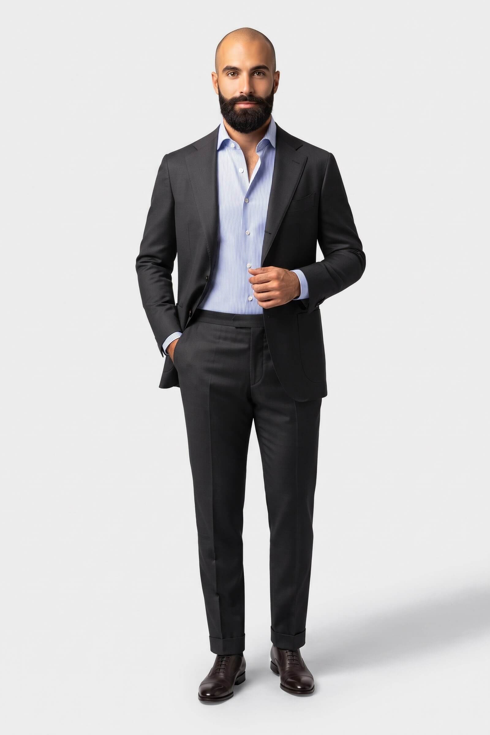 Camicia su misura Popeline Micro Riga Blu Scuro in un look elegante