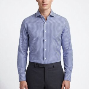 Camicia su misura Popeline Riga Media Blu Notte indossata, vista frontale