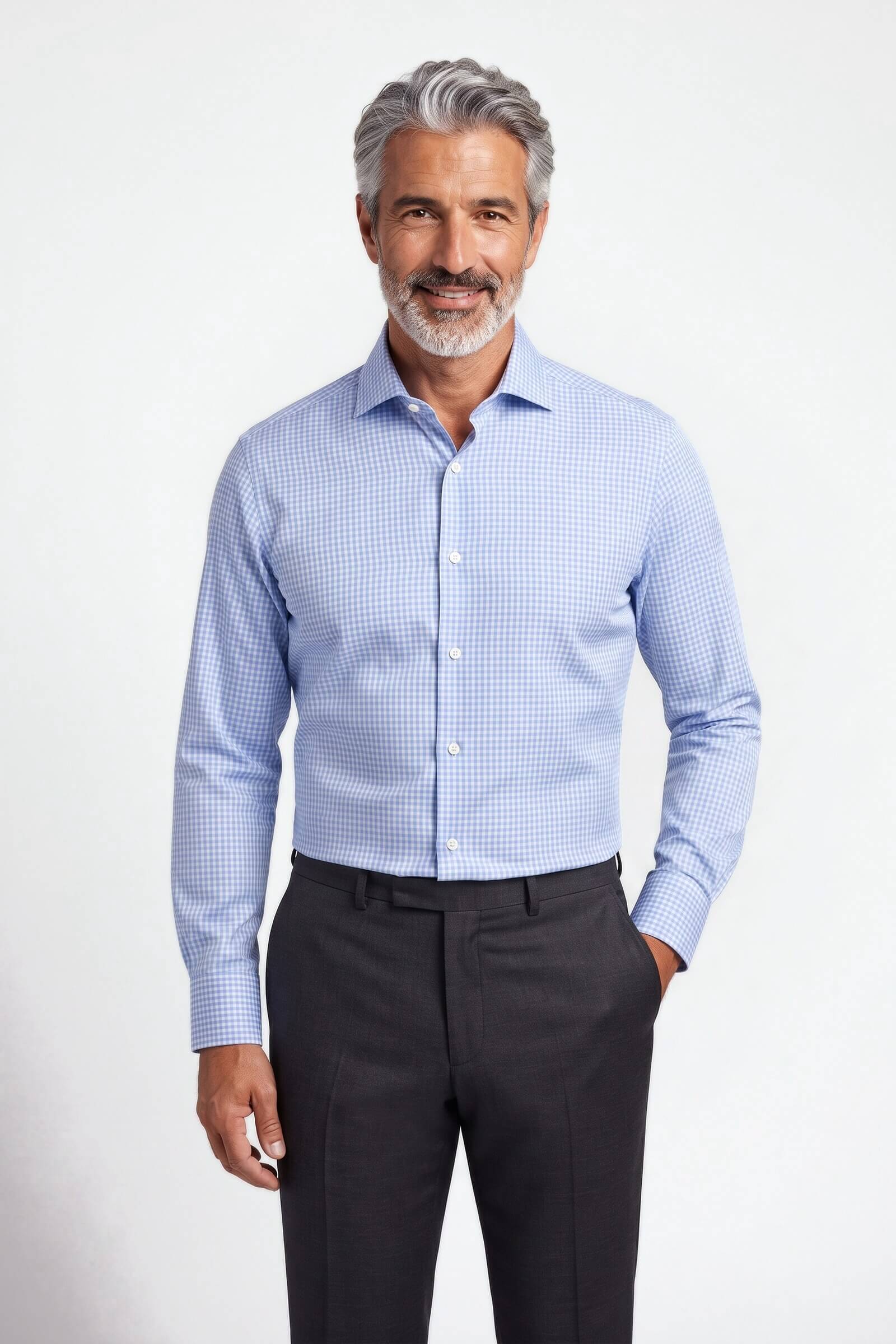 Camicia su misura Popeline Rigato Celeste Chiaro indossata, vista frontale