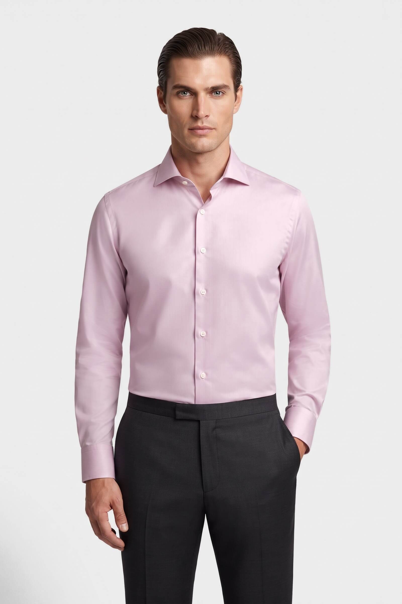 Camicia su misura Popeline Rosa indossata, vista frontale