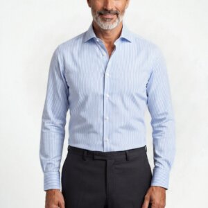 Camicia su misura Twill Rigato Largo Azzurro indossata, vista frontale
