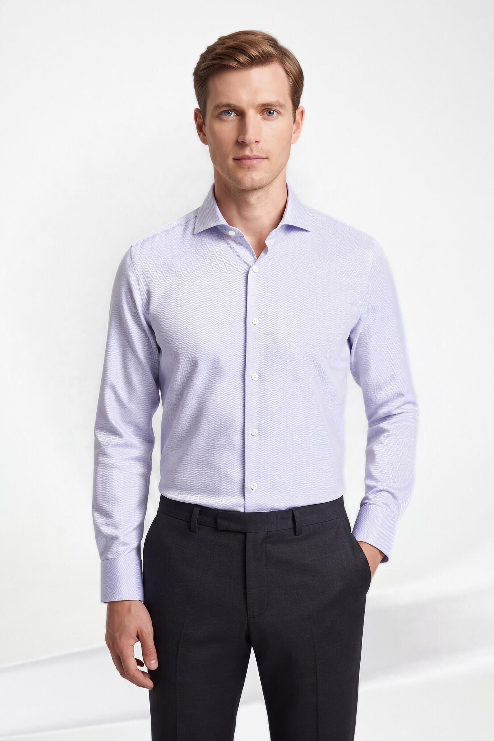 Camicia su misura Twill Spinato Millerighe Bianco indossata, vista frontale
