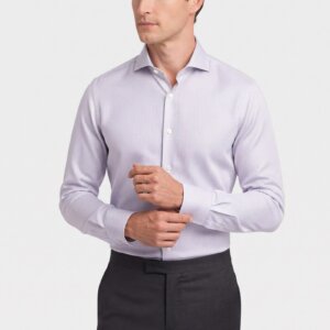 Camicia su misura Twill Spinato Millerighe Bianco indossata, vista di tre quarti