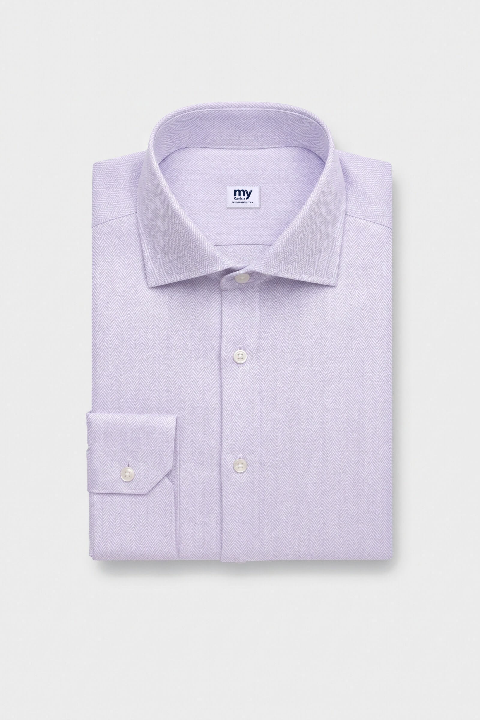 Camicia su misura Twill Spinato Millerighe Bianco piegata con etichetta MyCamicia