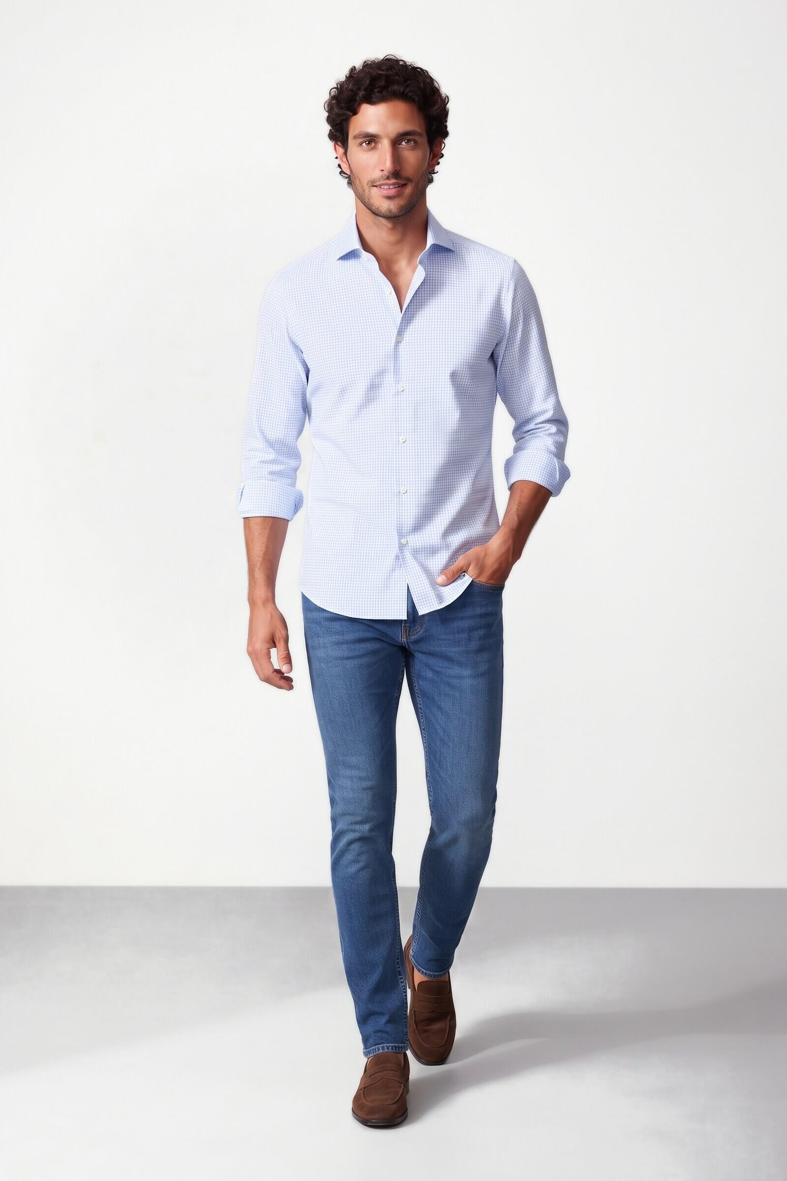 Camicia su misura Zephir Micro Quadrettato Celeste in un look casual