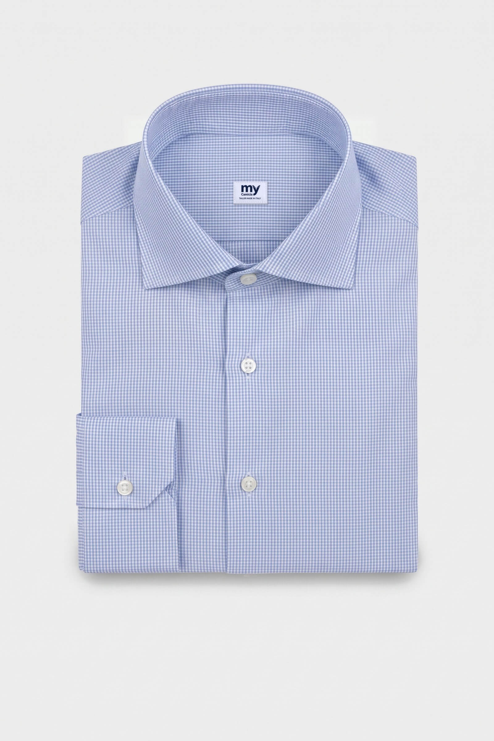 Camicia su misura Zephir Micro Quadrettato Celeste piegata con etichetta MyCamicia