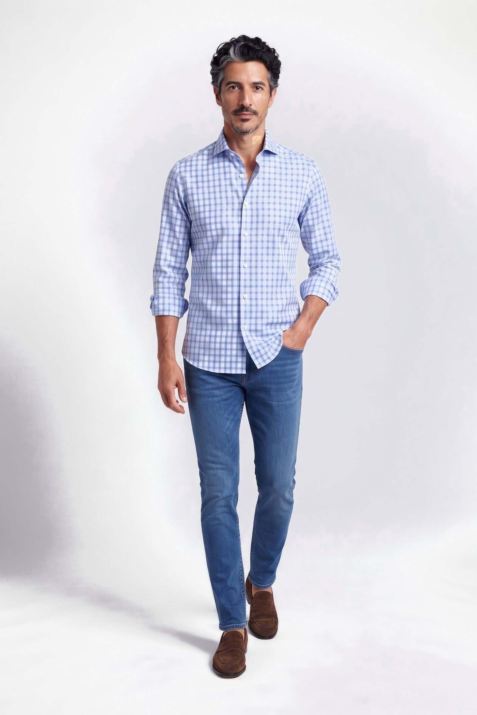 Camicia su misura Zephir Quadrettato Azzurro Chiaro in un look casual