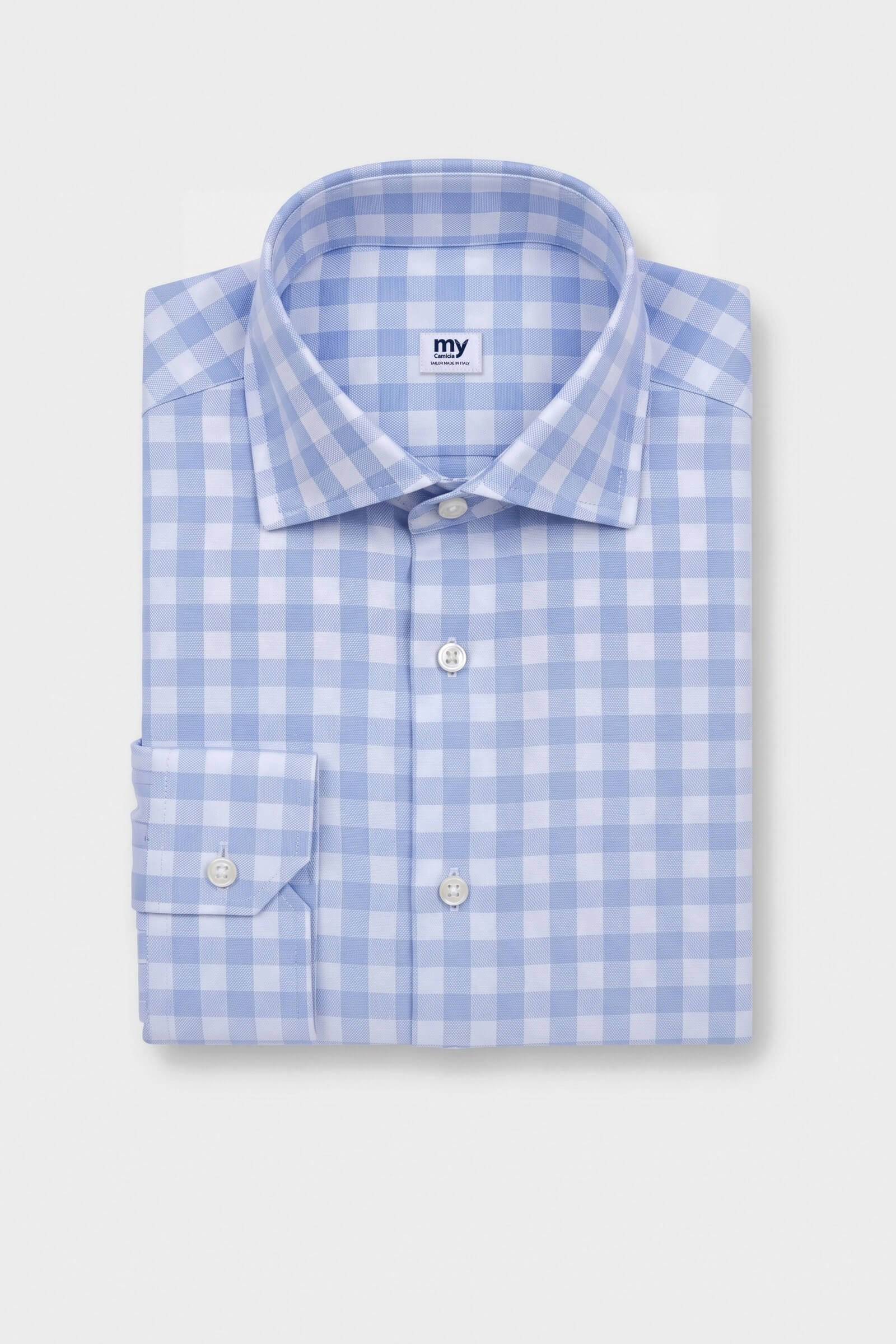 Camicia su misura Zephir Quadrettato Azzurro Chiaro piegata con etichetta MyCamicia