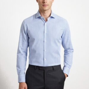 Camicia su misura Zephir Quadrettato Celeste indossata, vista frontale