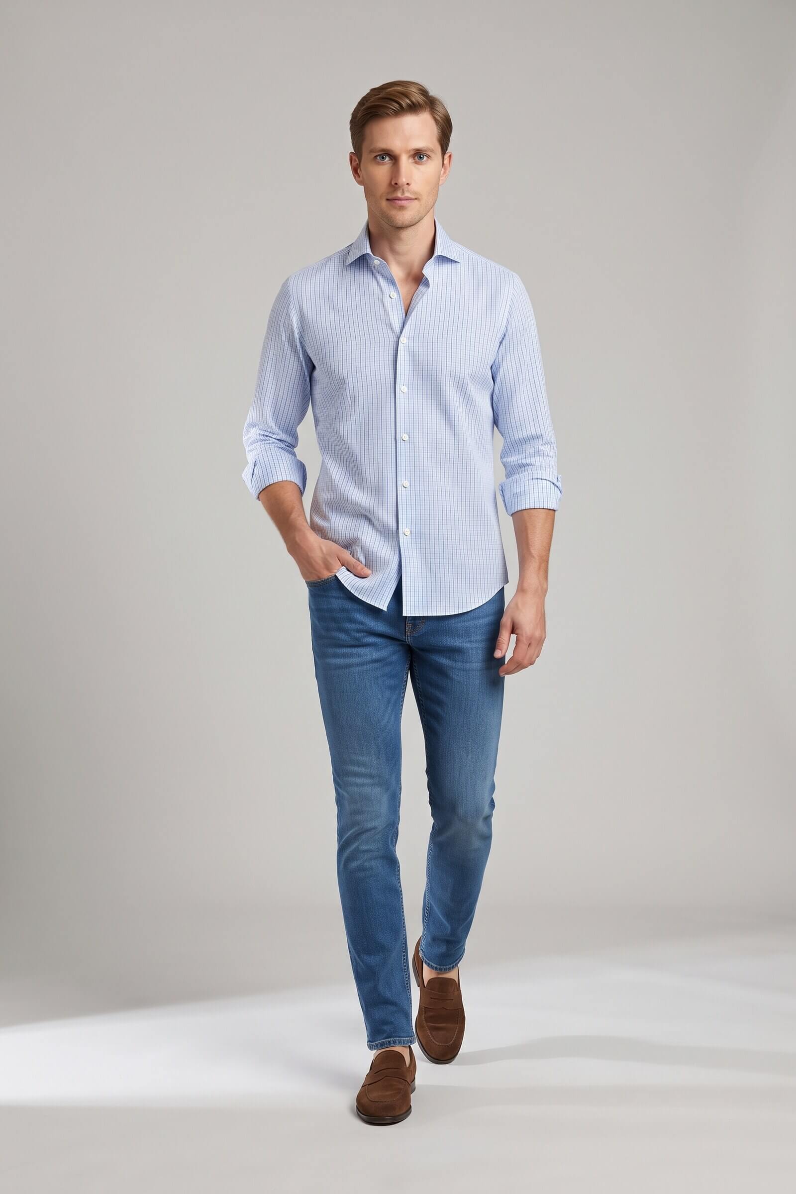 Camicia su misura Zephir Quadrettato Celeste in un look casual